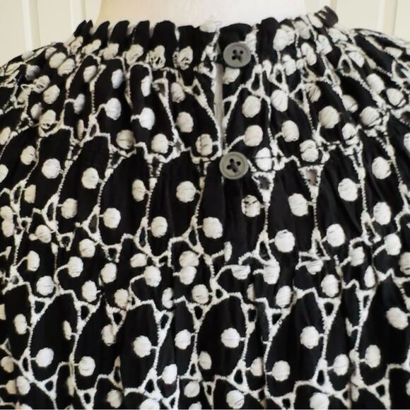 Loft Dress Black White Eyelet Embroidered Smocked Yoke Ruffle Sleeve Size LP NEW - Picture 7 of 14